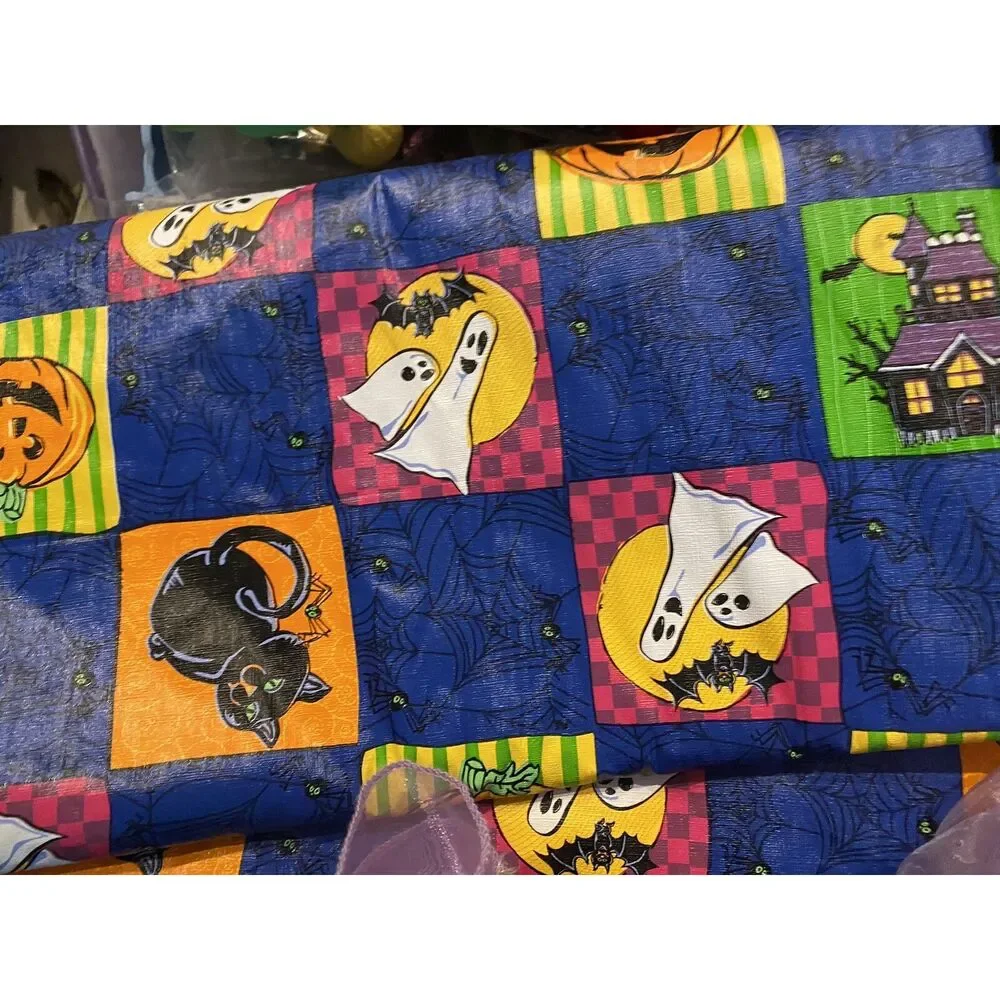 Halloween Multicolored Vinyl Top Trick or Treat Rectangle Tablecloth 60”x78”